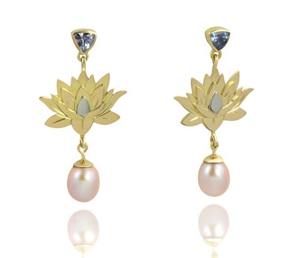 tanzanite-gold-pearl-lotus-flower-earrings